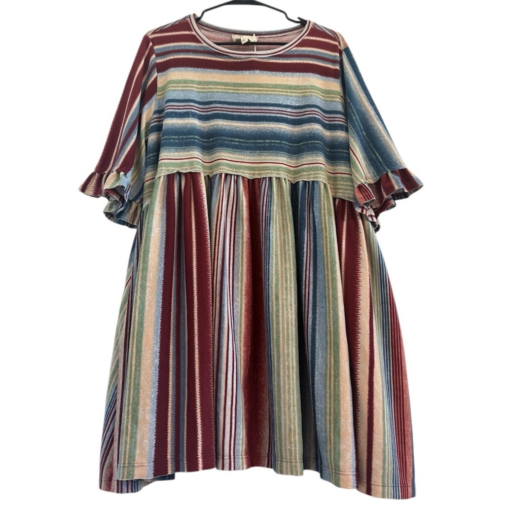 Oli & Hali Soft Boho Oversized Striped Ruffle Sleeve Mini Dress with Pockets NEW